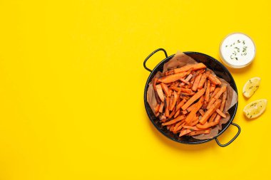 Concept of tasty food, fried sweet potato, space for text