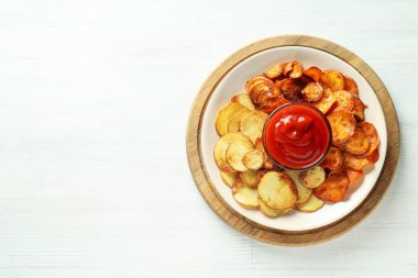 Concept of tasty food, fried sweet potato, space for text