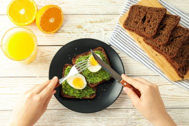 Concept of breakfast with tasty food, top view