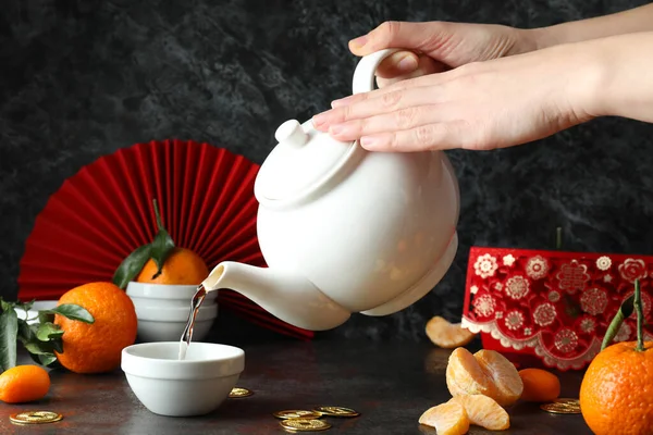 Concept of hot drink, asian tea accessories