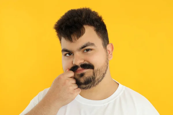 Concept People Young Fat Man Yellow Background — Stock Photo, Image