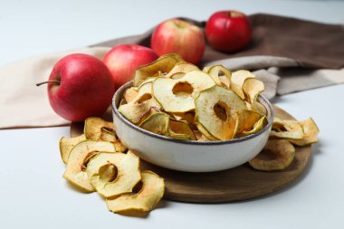 Concept of tasty food, dried apple chips