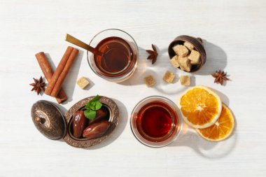 Concept of traditional turkish brewed hot drink, turkish tea, top view