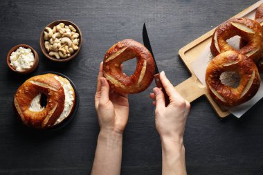 Concept of tasty food - bagel, top view