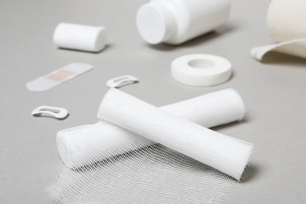 First Aid Kit Supplies Gray Background — Fotografia de Stock