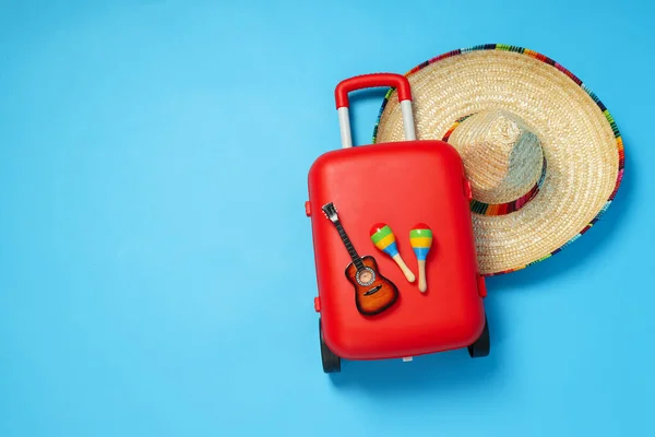 Bőrönd Poggyász Nyári Utazáshoz Nyaraláshoz Való Poggyász Szöveges Hely — Stock Fotó
