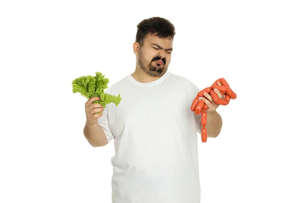 stock image Concept of weight loss with young man, isolated on white background