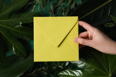 Kadın eli, yeşil arkaplandaki yapraklara karşı zarfı tutuyor