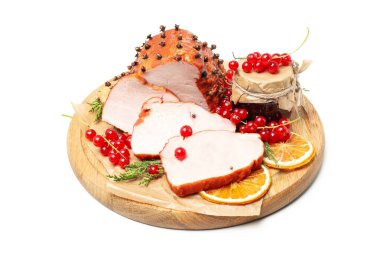 Lezzetli yemek kavramı, jambon, beyaz arka planda izole edilmiş.