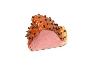 Lezzetli yemek kavramı, jambon, beyaz arka planda izole edilmiş.