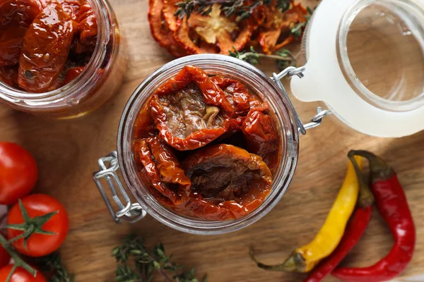 stock image Concept of tasty food - sun-dried tomato, top view