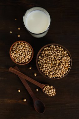 Soya sütü ve soya, sağlıklı besin konsepti için kompozisyon.