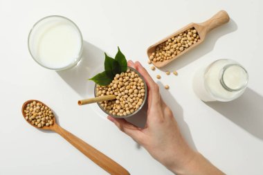 Soya sütü ve soya, sağlıklı besin konsepti için kompozisyon.