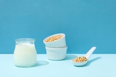 Soya sütü ve soya, sağlıklı besin konsepti için kompozisyon.