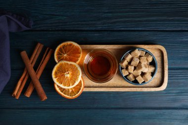 Concept of traditional turkish brewed hot drink, turkish tea, top view
