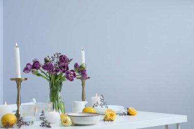 Concept of spring season table setting, space for text