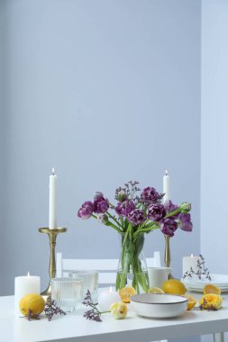 Concept of spring season table setting, space for text