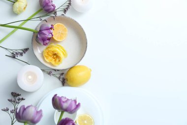 Concept of spring season table setting, space for text