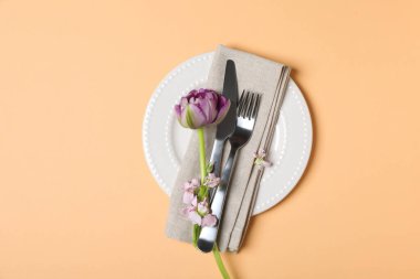 Concept of spring season table setting, top view