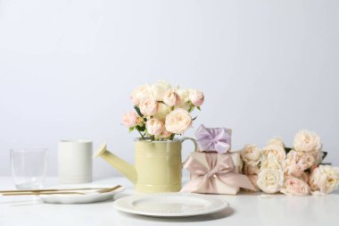 Concept of spring season table setting, space for text
