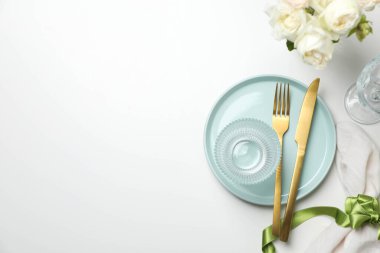 Concept of spring season table setting, space for text