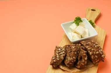 Concept of breakfast, eat food with butter, space for text