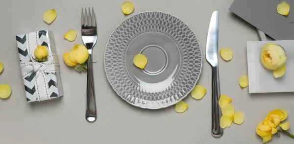 Konzept Der Frühlingshaften Tischdekoration Draufsicht — Stockfoto