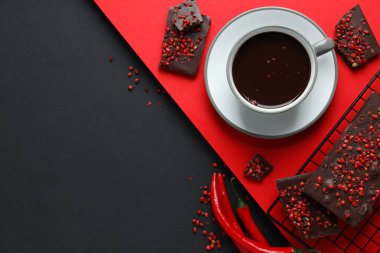 Concept of delicious food - chocolate with pepper and hot chocolate with pepper