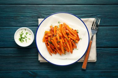 Concept of tasty food, fried sweet potato, top view