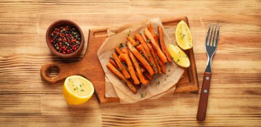 Concept of tasty food, fried sweet potato, top view