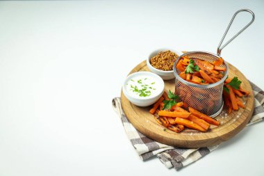 Concept of tasty food, fried sweet potato, space for text