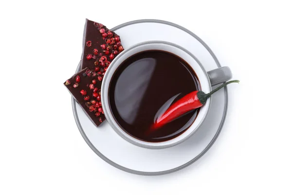 Concept Delicious Food Chocolate Pepper Hot Chocolate Pepper Isolated White — Zdjęcie stockowe