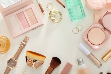 Concept of cosmetic and different female accessories, space for text