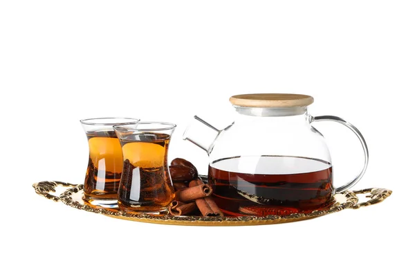Concept Traditional Turkish Brewed Hot Drink Tea Isolated White Background — Fotografia de Stock