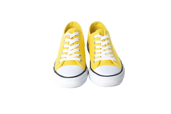 Concepto Zapatos Zapatillas Amarillas Aisladas Sobre Fondo Blanco — Foto de Stock