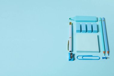 Concept of different stationery accessories, stationery accessories for office work