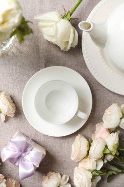 Concept of spring season table setting, top view