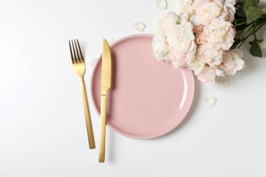 Concept of spring season table setting, top view