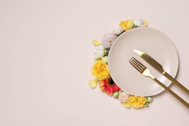 Concept of spring season table setting, space for text