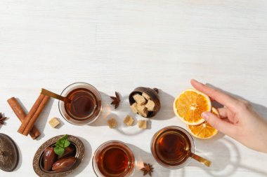 Concept of traditional turkish brewed hot drink, turkish tea, space for text