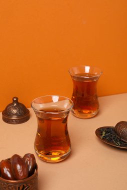 Concept of traditional turkish brewed hot drink, turkish tea, space for text