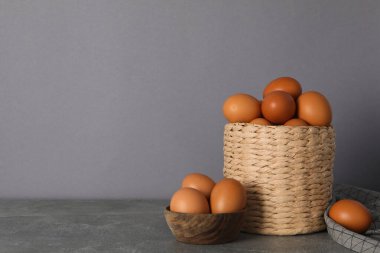 Concept of fresh and natural farm product - eggs, space for text