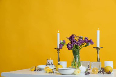 Concept of spring season table setting, space for text