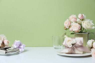 Concept of spring season table setting, space for text