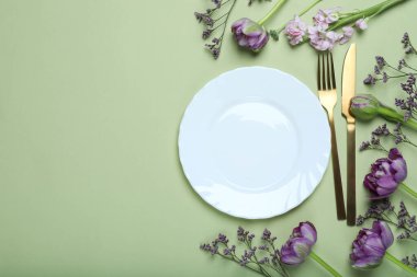 Concept of spring season table setting, space for text
