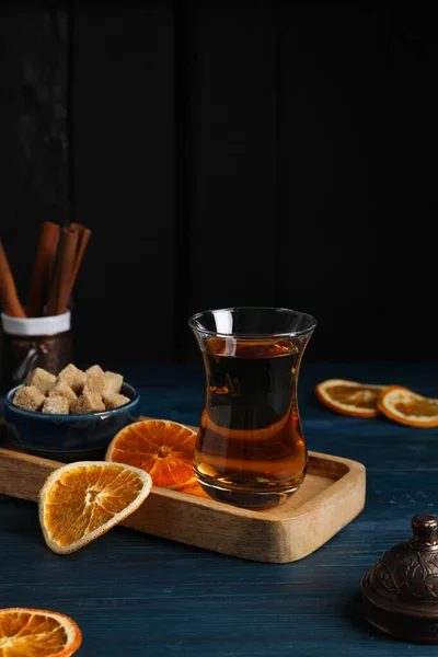 Concept Traditional Turkish Brewed Hot Drink Turkish Tea Space Text — Foto de Stock