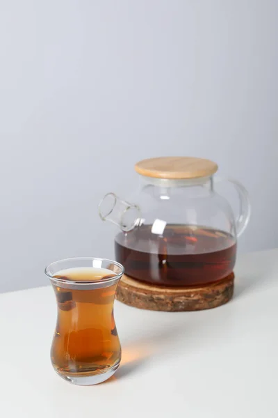 Concept Traditional Turkish Brewed Hot Drink Turkish Tea Space Text — Stock Fotó