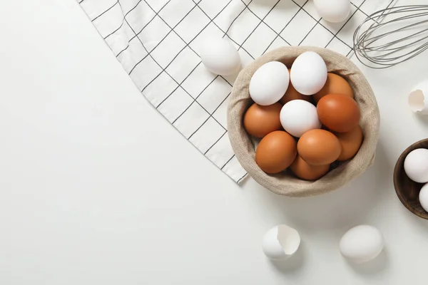 Concept of fresh and natural farm product - eggs, space for text