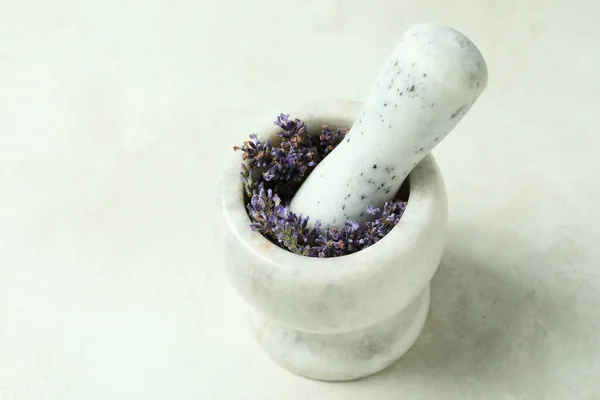 stock image Skin care cosmetic, making of lavender oil in mortar