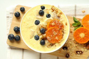 Concept of delicious food with smoothie with different ingredients, top view